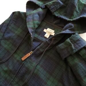 LL Bean Womens Medium Scotch Plaid Flannel Shirt Hoodie Zip Green Black